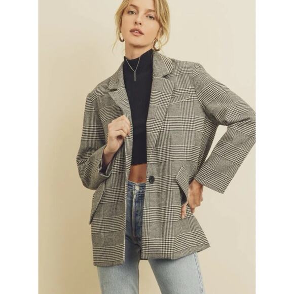 Vagabond Jackets & Blazers - Vagabond Women Black/White Herringbone Oversized Boyfriend Cotton Blend Blazer M